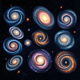 A stunning visual representation of various galactic formations, including spiral galaxies, elliptical galaxies, and irregular galaxies