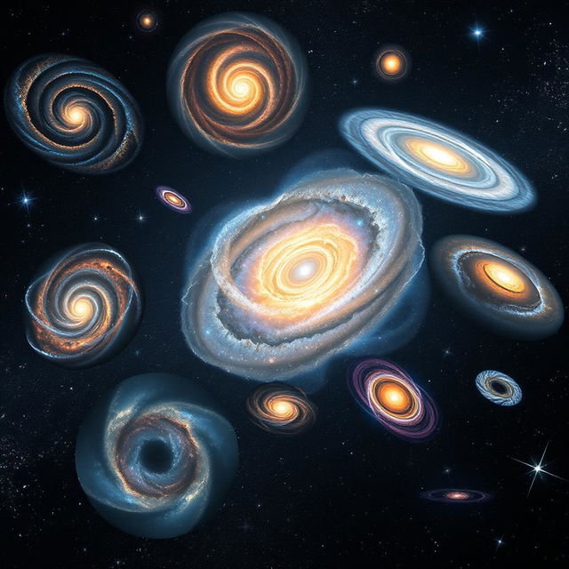 A stunning visual representation of various galactic formations, including spiral galaxies, elliptical galaxies, and irregular galaxies