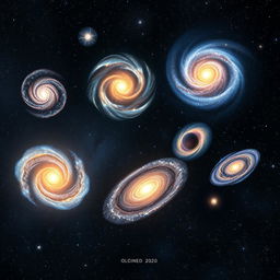 A stunning visual representation of various galactic formations, including spiral galaxies, elliptical galaxies, and irregular galaxies