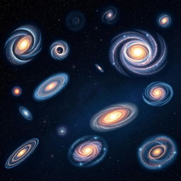 A stunning visual representation of various galactic formations, including spiral galaxies, elliptical galaxies, and irregular galaxies