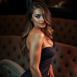 A seductive woman with a strong jawline, captivating gaze, and an alluring smile