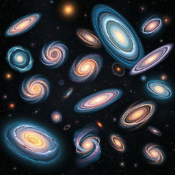 A breathtaking cosmic scene featuring a stunning array of galaxies, each with unique characteristics