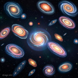 A breathtaking cosmic scene featuring a stunning array of galaxies, each with unique characteristics