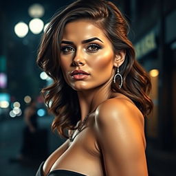 A seductive woman with a strong jawline, exuding confidence and allure