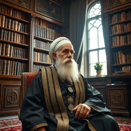 A portrait of a distinguished and revered leader, depicting an elderly figure with a dignified beard, dressed in traditional religious attire, sitting thoughtfully in a grand office adorned with bookshelves filled with ancient texts