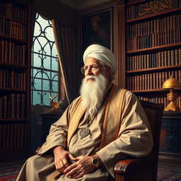 A portrait of a distinguished and revered leader, depicting an elderly figure with a dignified beard, dressed in traditional religious attire, sitting thoughtfully in a grand office adorned with bookshelves filled with ancient texts