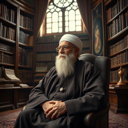 A portrait of a distinguished and revered leader, depicting an elderly figure with a dignified beard, dressed in traditional religious attire, sitting thoughtfully in a grand office adorned with bookshelves filled with ancient texts