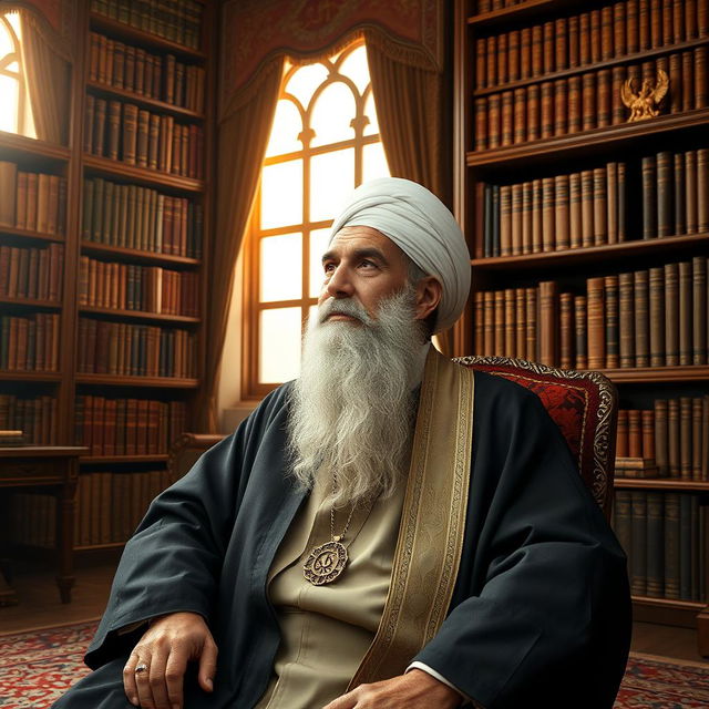 A portrait of a distinguished and revered leader, depicting an elderly figure with a dignified beard, dressed in traditional religious attire, sitting thoughtfully in a grand office adorned with bookshelves filled with ancient texts