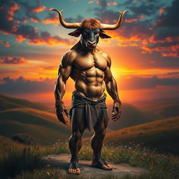 A surreal and imaginative scene depicting a half-man, half-bull creature standing confidently in a vibrant landscape