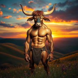 A surreal and imaginative scene depicting a half-man, half-bull creature standing confidently in a vibrant landscape