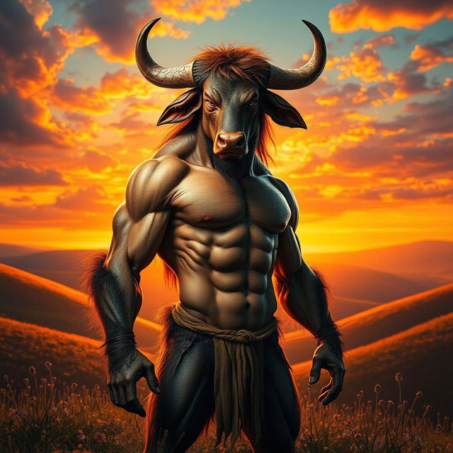 A surreal and imaginative scene depicting a half-man, half-bull creature standing confidently in a vibrant landscape