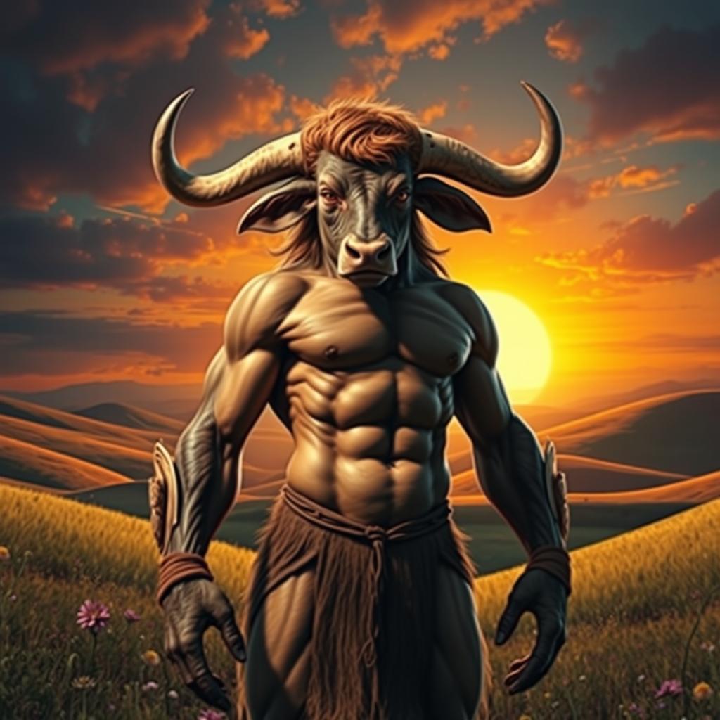 A surreal and imaginative scene depicting a half-man, half-bull creature standing confidently in a vibrant landscape