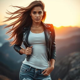 A sultry, ruggedly beautiful woman standing confidently in a breathtaking outdoor landscape