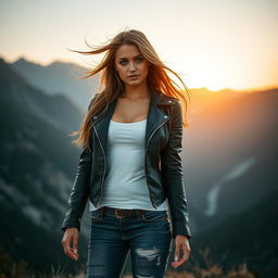 A sultry, ruggedly beautiful woman standing confidently in a breathtaking outdoor landscape