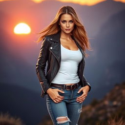 A sultry, ruggedly beautiful woman standing confidently in a breathtaking outdoor landscape