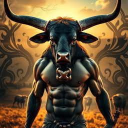 A captivating fusion of a bull and a human figure, showcasing a majestic muscular man with the powerful head of a bull, featuring large, curved horns