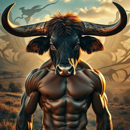 A captivating fusion of a bull and a human figure, showcasing a majestic muscular man with the powerful head of a bull, featuring large, curved horns