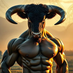 A captivating fusion of a bull and a human figure, showcasing a majestic muscular man with the powerful head of a bull, featuring large, curved horns
