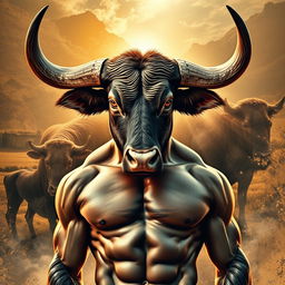 A captivating fusion of a bull and a human figure, showcasing a majestic muscular man with the powerful head of a bull, featuring large, curved horns