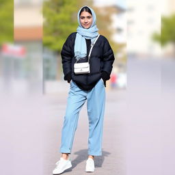A young woman wearing a stylish black puff sweater paired with light blue oversized jeans