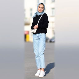 A young woman wearing a stylish black puff sweater paired with light blue oversized jeans