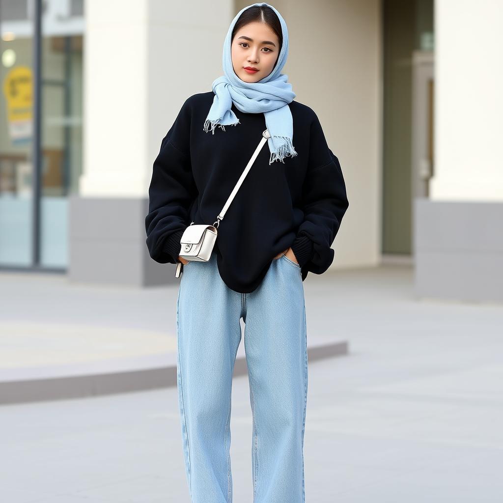 A young woman wearing a stylish black puff sweater paired with light blue oversized jeans