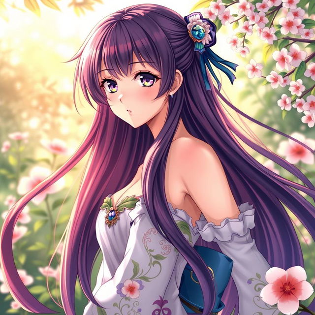 A beautifully designed anime character featuring a young woman with long flowing hair, vibrant colors, and intricate detailing