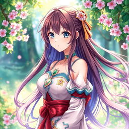 A beautifully designed anime character featuring a young woman with long flowing hair, vibrant colors, and intricate detailing