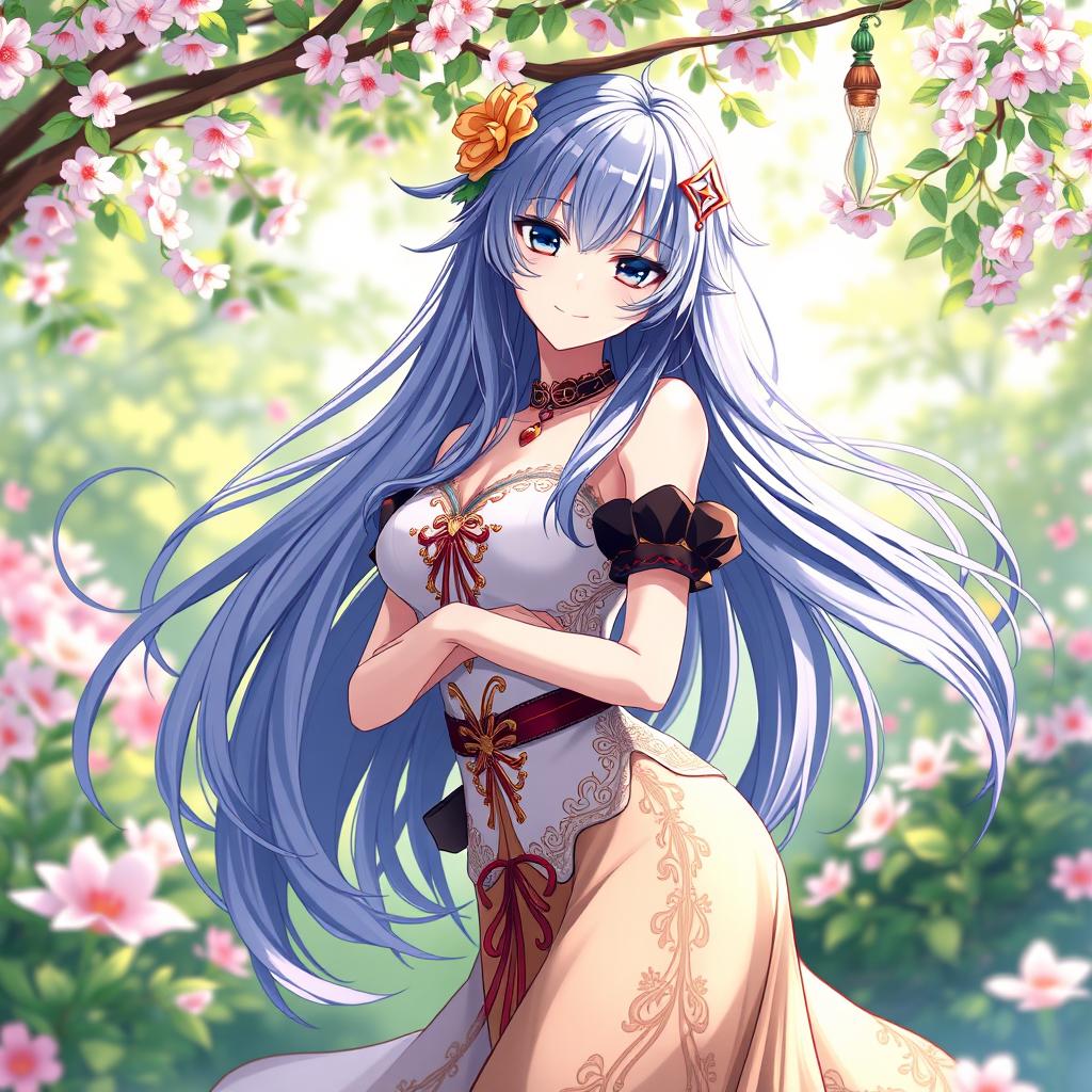 A beautifully designed anime character featuring a young woman with long flowing hair, vibrant colors, and intricate detailing