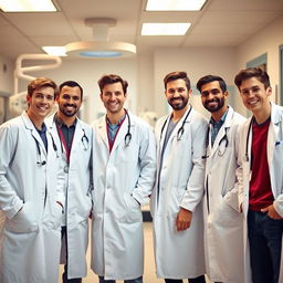 A group of seven young male doctors, each wearing a white lab coat and stethoscope