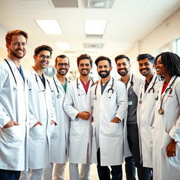 A group of seven young male doctors, each wearing a white lab coat and stethoscope