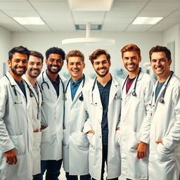 A group of seven young male doctors, each wearing a white lab coat and stethoscope
