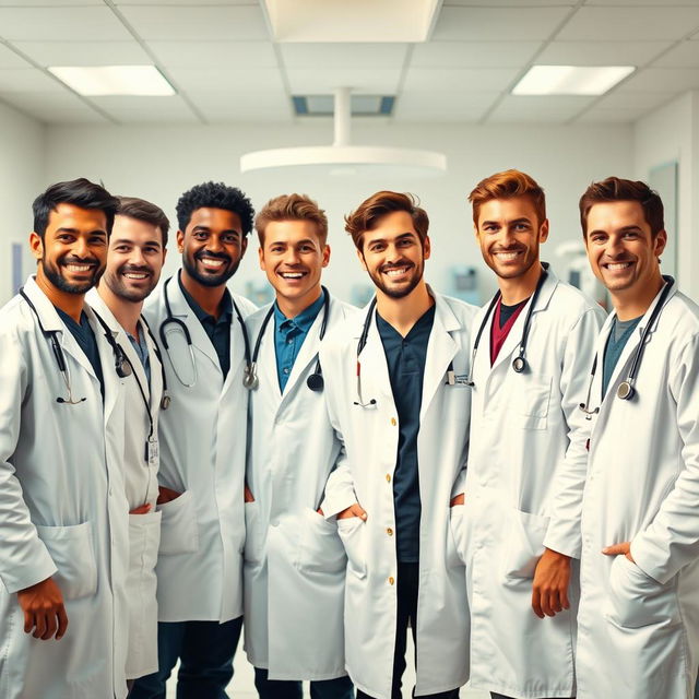 A group of seven young male doctors, each wearing a white lab coat and stethoscope