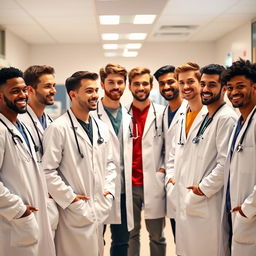A group of seven young male doctors, each wearing a white lab coat and stethoscope