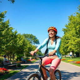 A vibrant and lively scene of a person joyfully riding a bicycle through a sunny park