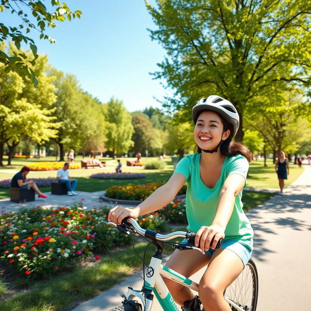 A vibrant and lively scene of a person joyfully riding a bicycle through a sunny park