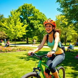 A vibrant and lively scene of a person joyfully riding a bicycle through a sunny park