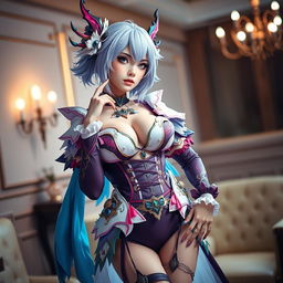 A stunning female character in elaborate cosplay attire inspired by a popular anime, with intricate details and vibrant colors, posing confidently in a stylish setting