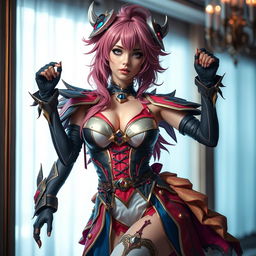 A stunning female character in elaborate cosplay attire inspired by a popular anime, with intricate details and vibrant colors, posing confidently in a stylish setting