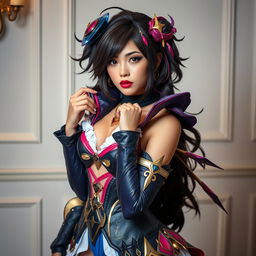A stunning female character in elaborate cosplay attire inspired by a popular anime, with intricate details and vibrant colors, posing confidently in a stylish setting