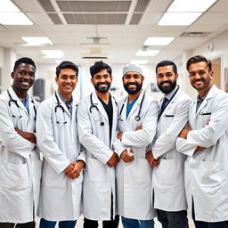 A group of seven young male doctors wearing crisp white lab coats, each with a stethoscope around their necks, standing together in a hospital setting