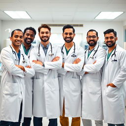A group of seven young male doctors wearing crisp white lab coats, each with a stethoscope around their necks, standing together in a hospital setting