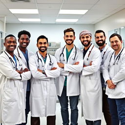 A group of seven young male doctors wearing crisp white lab coats, each with a stethoscope around their necks, standing together in a hospital setting