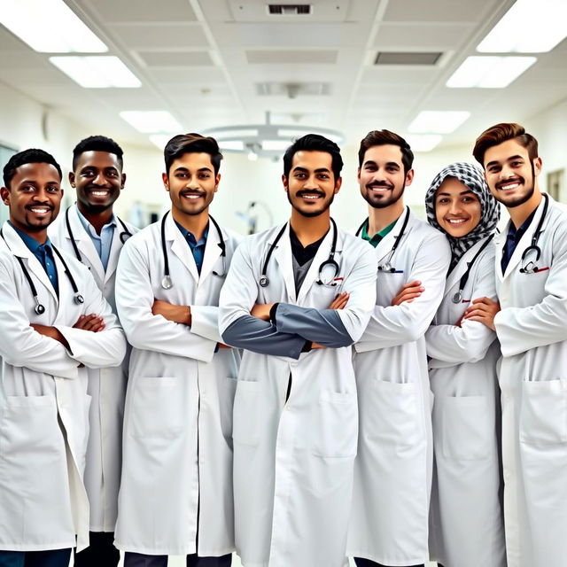 A group of seven young male doctors wearing crisp white lab coats, each with a stethoscope around their necks, standing together in a hospital setting