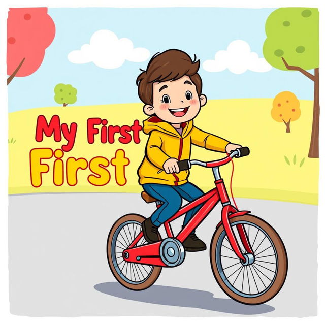 A cartoon illustration of a happy child pedaling a bright red bicycle