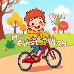 A cartoon illustration of a happy child pedaling a bright red bicycle