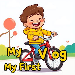 A cartoon illustration of a happy child pedaling a bright red bicycle