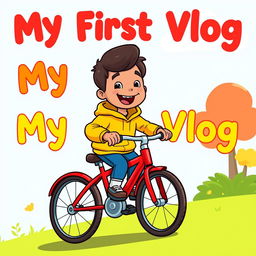 A cartoon illustration of a happy child pedaling a bright red bicycle