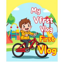 A cartoon-style illustration of a child joyfully pedaling a red bicycle in a colorful children’s play area, surrounded by playful slides and swings