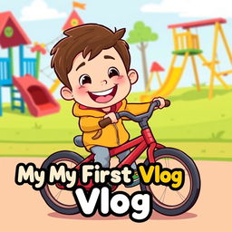 A cartoon-style illustration of a child joyfully pedaling a red bicycle in a colorful children’s play area, surrounded by playful slides and swings